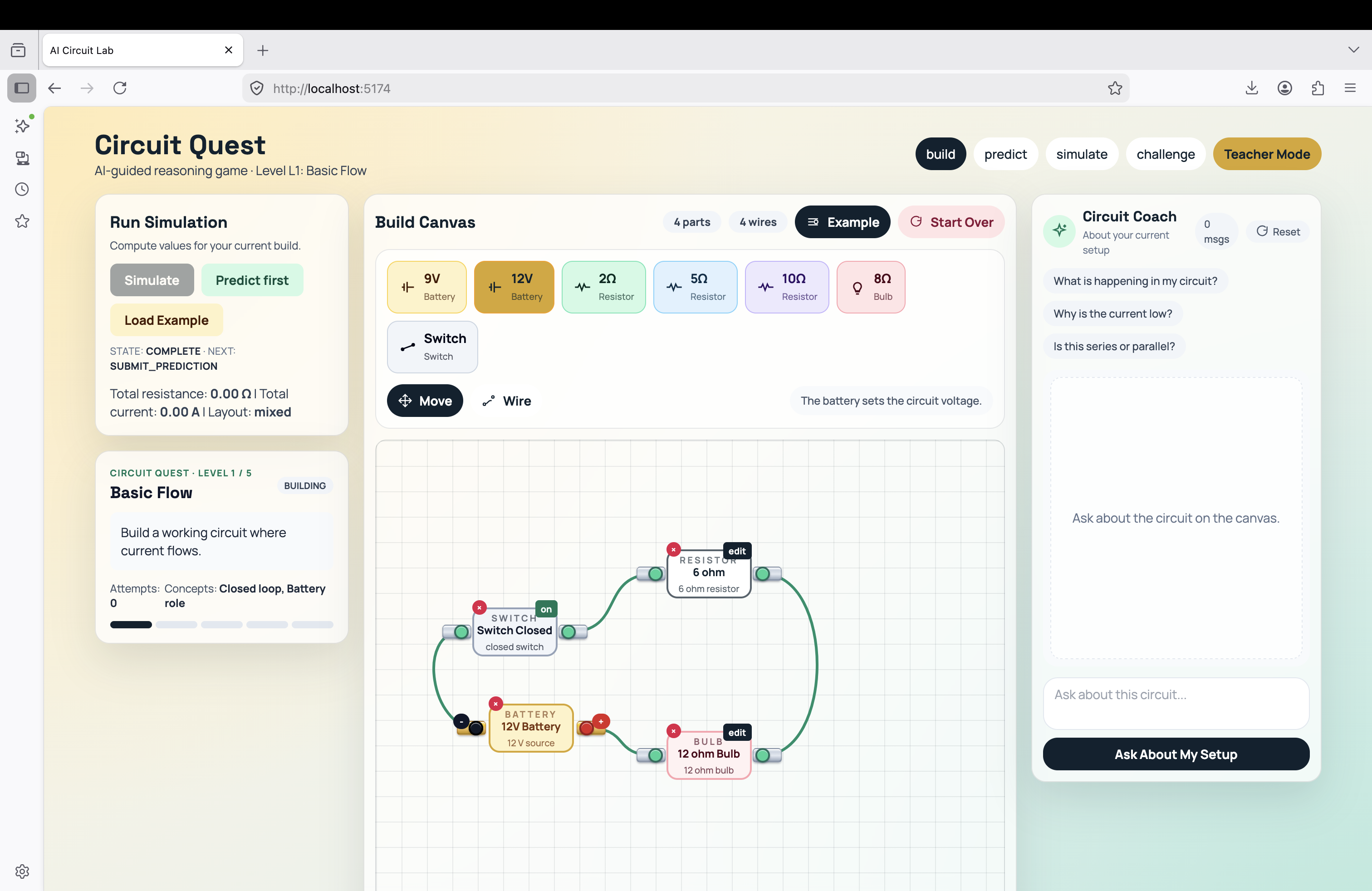 Circuit Quest browser-based learning interface